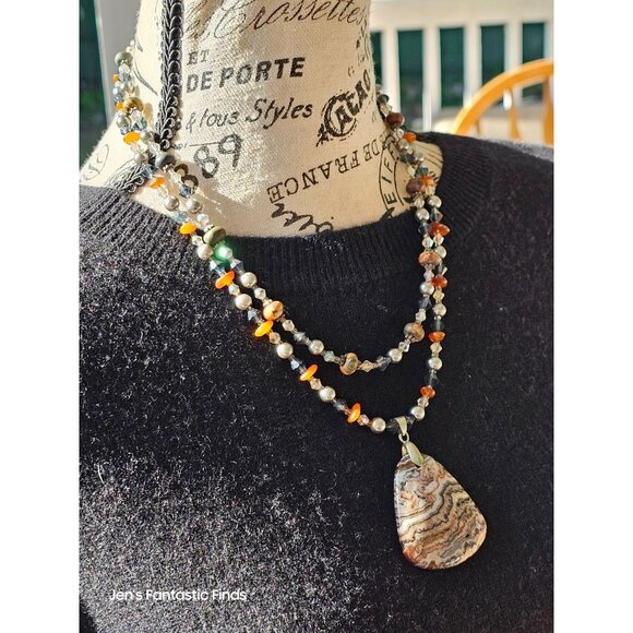 Picture Jasper Pearl Carnelian Sterling Silver Double Strand Necklace Toggle Clo - Picture 6 of 8